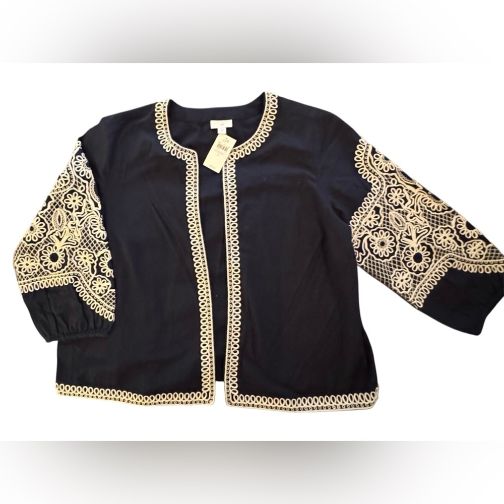 JJill Navy Jacket with Cream Embroidery. NWT